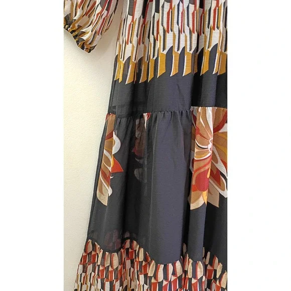 Maison Tara Black Floral Chiffon Tiered Maxi Dress Mock Neck Long Sleeve 16 Boho - Picture 3 of 9
